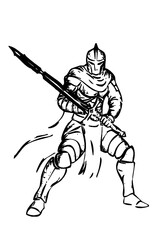 Medieval Fantasy Knight Warrior with Spear Line Art Vector Illustration