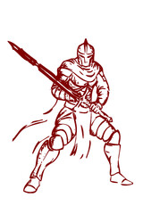 Medieval Fantasy Knight Warrior with Spear Line Art Vector Illustration