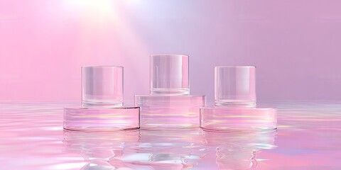 Abstract surreal scene, empty stage with three clear glass cylinder podiums on a pastel pink holographic background in water. A pedestal for cosmetic product packaging mockups displays presence.