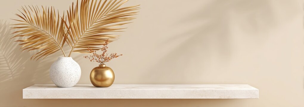 Minimalist display shelf with decorative vases and dried palm leaves