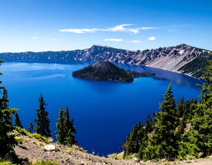 Obraz premium Panoramic view of a deep blue caldera lake surrounded by mountains and pine trees