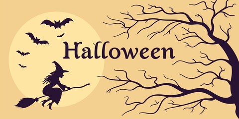 Halloween horizontal banner with vector logo. The inscription with ominous tree branches, bats and a pretty witch on a background of the full moon.