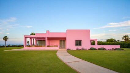 Pink house on a green hill