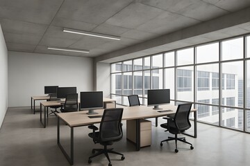 Modern Open Office Interior, Minimal Desk and Chair Arrangement, Bright Workspace with Natural Light, Simple Business Environment, Contemporary Workplace Design