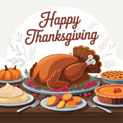 Thanksgiving dinner spread with roasted turkey and pies