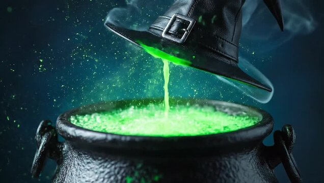 A bubbling cauldron with green potion and a witch's hat on a dark mystical background with smoke and sparks.