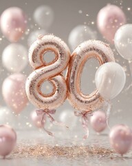 Elegant 80th Birthday Celebration with Rose Gold Balloons and Confetti