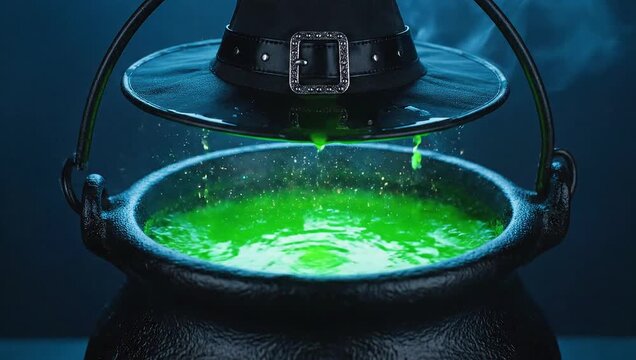 Close-up of a bubbling green potion in a black cauldron with a witch's hat on top, against a dark background with mystical smoke.