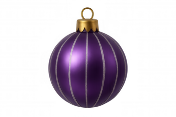 Shiny purple christmas ornament with gold cap and silver stripes isolated on transparent background for holiday design
