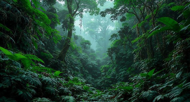Lush Rainforest Canopy, Foggy Jungle Path, Deep Green Foliage, Tropical Forest Background