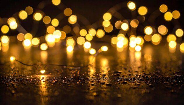Golden bokeh lights on dark surface