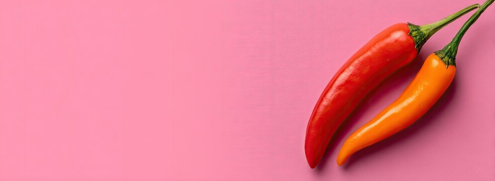 Two vibrant peppers on a pink background