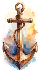 A watercolor painting of a nautical anchor with rope