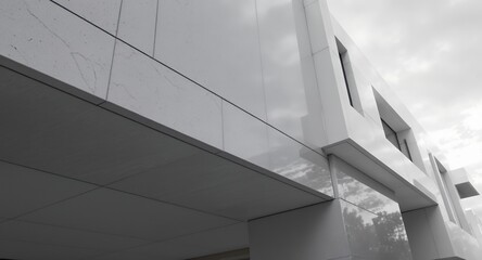 Fototapeta premium Modern Architectural Facade Detail, Grey and White Building Exterior, Contemporary Design, Clean Lines, Geometric Pattern, Textured Walls, Low Angle View