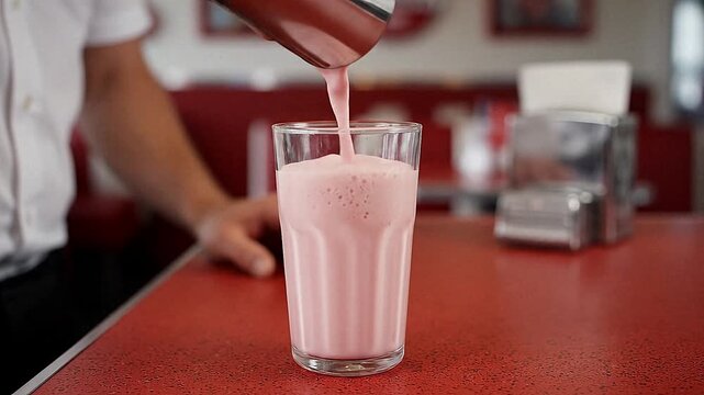 Vintage strawberry milkshake being poured into a glass, retro diner aesthetic with pink creamy beverage, classic American soda fountain style