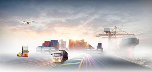 Container truck in ship port for business Logistics and transportation of Container Cargo ship and Cargo plane with working crane bridge in shipyard at sunrise, logistic import export 