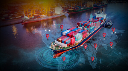 Aerial top view containers ship cargo, logistic and transportation international import export by container freight cargo ship with network on world map