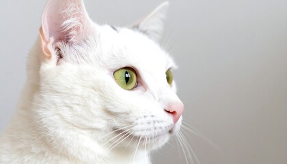 A white cat with green eyes looks to its right