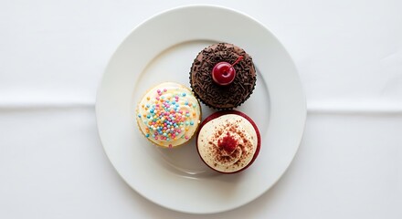 Exquisite trio of delectable cupcakes arranged artfully on a white plate