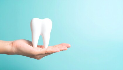 A white tooth held in a hand against a teal background