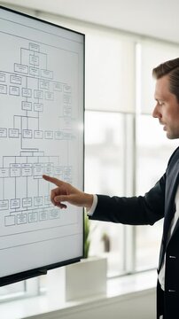 Business Strategy Presentation: Man in Suit Explains Organizational Chart on Screen, Detailing Company Structure and Workflow in Bright Office