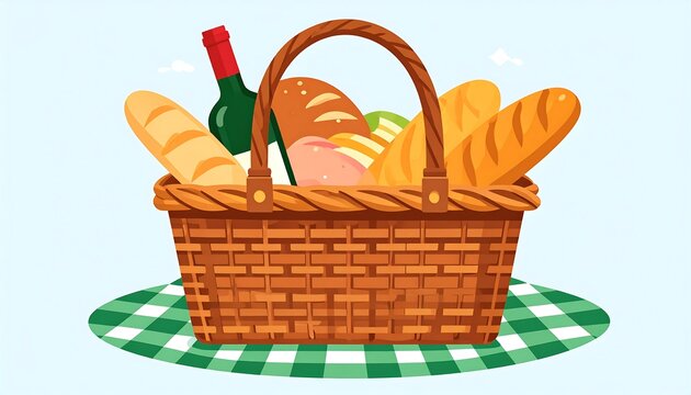 A wicker picnic basket brimming with loaves and a wine bottle, sits atop a checkered cloth - Powered by Adobe