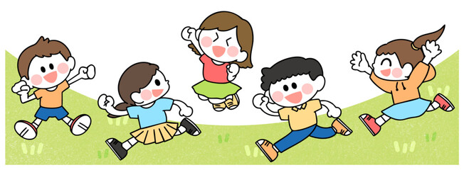 草原でかけっこする子供たちのイラスト