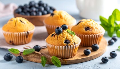 Fresh blueberry muffins on a wooden board (1)