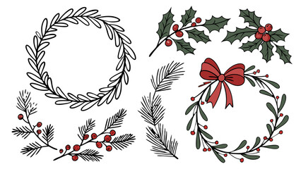 Doodle Christmas Foliage Set: Wreaths, Holly, Pine Branches, Red Berries