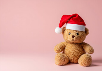 Festive teddy bear adorns a santa hat, radiating warmth and joy against a soft pink backdrop, evoking the spirit of the holidays and childhood memories.