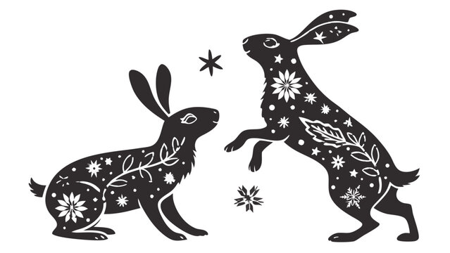 Fototapeta Folk Art Rabbit Silhouette Pair, Winter Botanical, Snowflake Pattern, Christmas Creature Rabbit Couple Silhouettes with Patterned Fill for Holiday Design. Vector Illustration of Rabbits