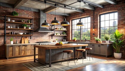 Industrial kitchen interior with rustic wood and exposed brick. Modern loft style with metal accents and pendant lights, combining urban charm and functional elegance.