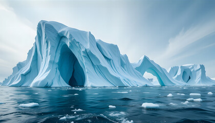 Majestic Iceberg in the Ocean: A colossal iceberg dominates the frame, its glacial form a testament to nature's raw power, with aquamarine hues that reflect the deep ocean