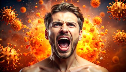 Man screaming, engulfed in fiery virus