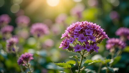 Blooming Purple Beauty in the Sunshine: A captivating image showcasing a close-up view of a delicate cluster of vibrant purple flowers bathed in warm sunlight, with a bokeh effect background. 