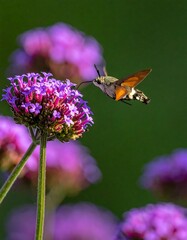 Hummingbird hawk-moth feeding on purple flower