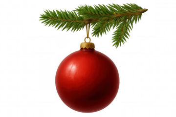 Festive red christmas ornament hanging from green pine branch on transparent background for holiday decoration design