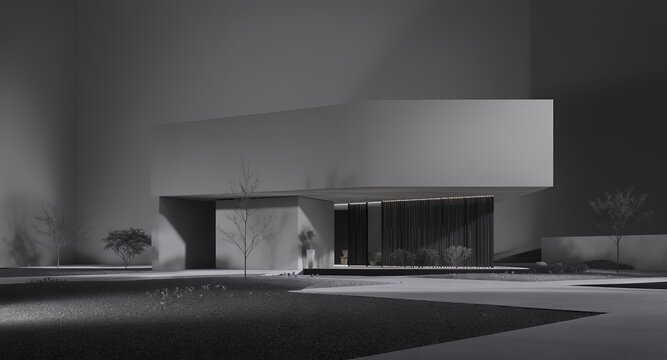 Modern minimalist house exterior, architectural design, grayscale rendering, landscaping, contemporary home, building facade, urban design, home design, real estate, architecture visualization, 3