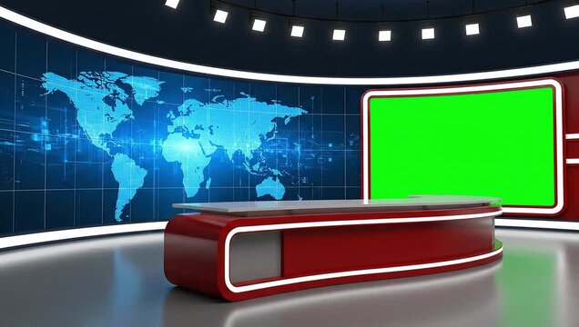 Modern TV news studio with red desk and green chroma key screen against blue world map background