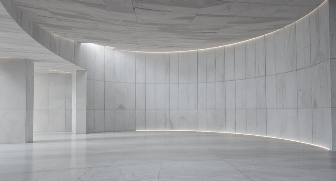 Modern minimalist interior design, curved walls, light grey concrete, empty room, architectural background, clean lines, smooth surface, spacious hall, bright lighting, subtle illumination, conte