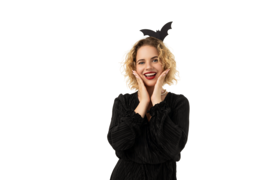 Excited woman celebrates Halloween, isolated on white, PNG