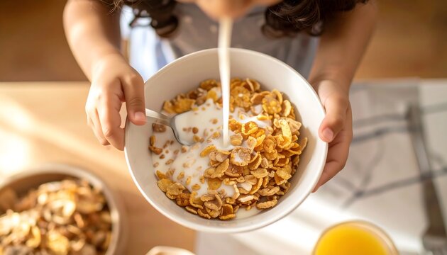 Child pouring milk over cereal