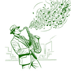 Retro Jazz Saxophone Player Line Art Vector Illustration