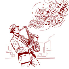 Retro Jazz Saxophone Player Line Art Vector Illustration