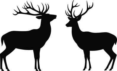 Deer silhouette icons, antlered buck profile set, wildlife graphic vector, black and white design, nature illustration, animal symmetry concept, forest species symbols