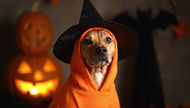 A dog dressed as a witch with a black hat and orange cloak standing in front of jack-o-lanterns and a dark Halloween background.