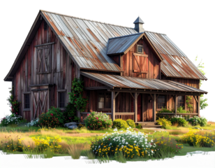 Country style barn house isolated on transparent background PNG 