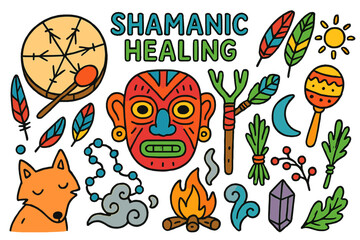 Shamanic Healing Elements. Shamanic Healing. Colorful Hand-drawn doodle Children illustration drum, feathers, healing staff, fire,