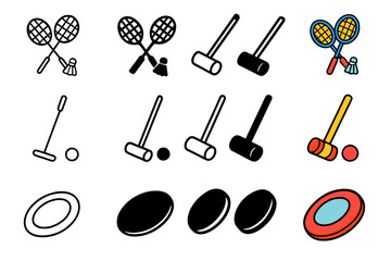 Obraz premium Retro Picnic Games Icons. Icon Set of Retro picnic games: wooden badminton set, croquet mallet, frisbee disc. Icons set in vector