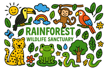 Rainforest Wildlife Doodles. Colorful Hand-drawn doodle Children illustration Rainforest Wildlife Sanctuary [toucan, monkey,